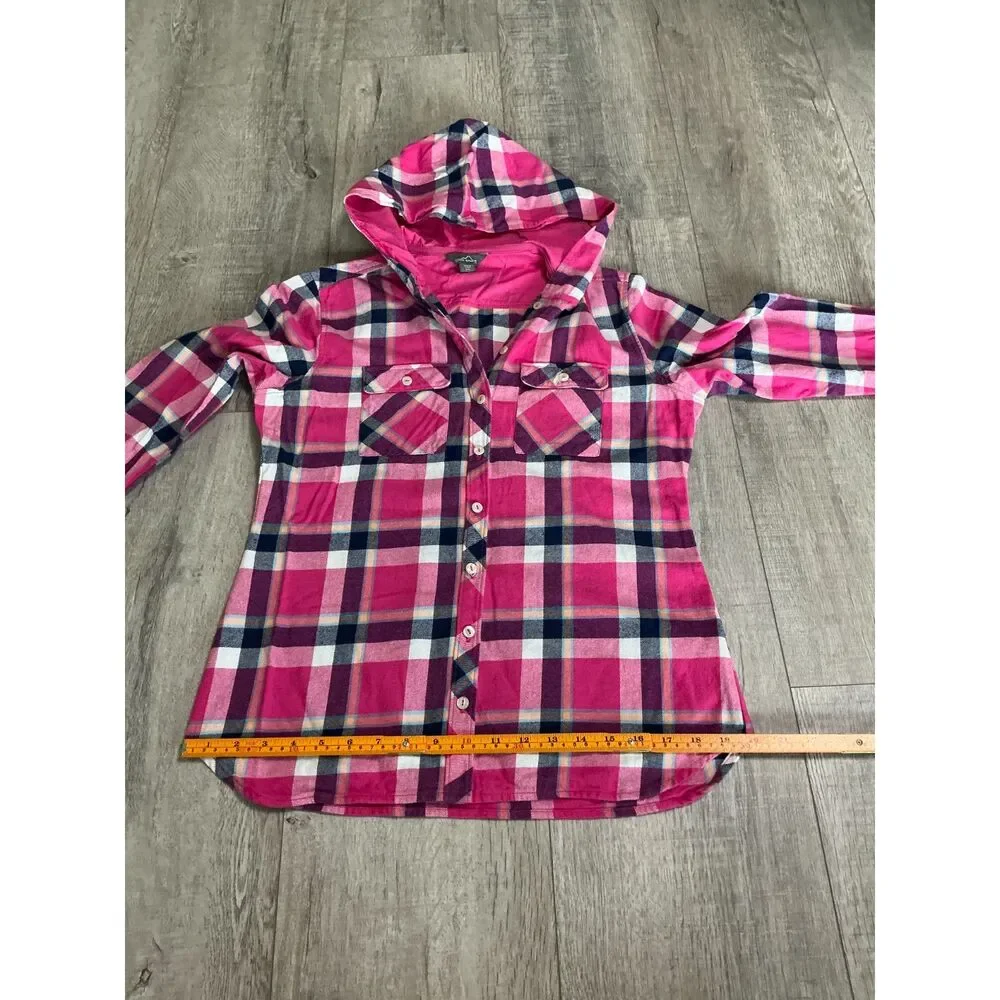 Eddie Bauer Women’s M Pink Plaid Hooded Flannel Shirt Outdoors/Hiking/Camping